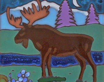 Ceramic tile Moose kitchen backsplash hot plate wall decor hand painted installation mural mosaic original hand crafted in USA      d in USA