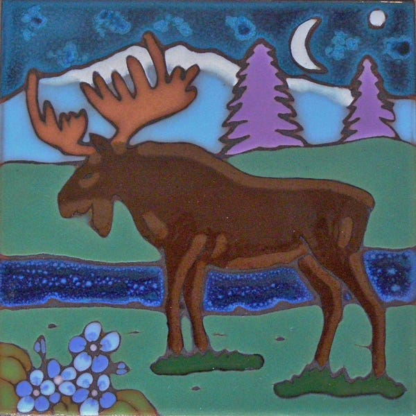 Ceramic tile Moose kitchen backsplash hot plate wall decor hand painted installation mural mosaic original hand crafted in USA      d in USA