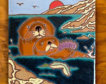 Sea Otter and Pup hand painted ceramic tile