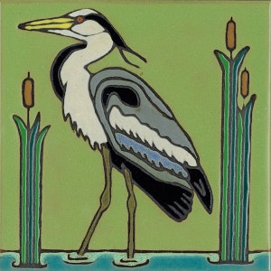 Ceramic tile Heron bird Audubon hotplate wall decor kitchen back splash bathroom installation mural mosaic original hand painted in USA