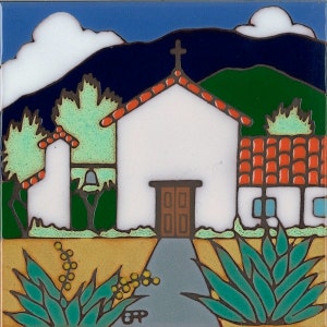 Ceramic tile, Soledad Mission, hot plate, wall decor, installation, backsplash, kitchen tile, hand painted, hand crafted, art tile