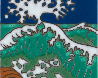 Ocean Wave hand painted ceramic tile