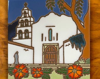 Hand painted Mission San Diego ceramic tile | California wall art