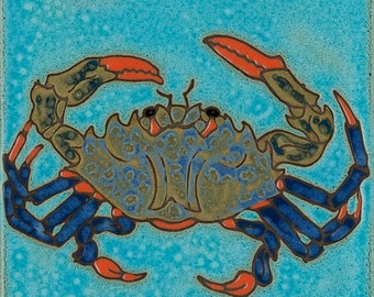 Ceramic Tile Blue Crab sea life ocean kitchen backsplash bathroom mural mosaic installation wall decor hot plate trivet hand painted USA