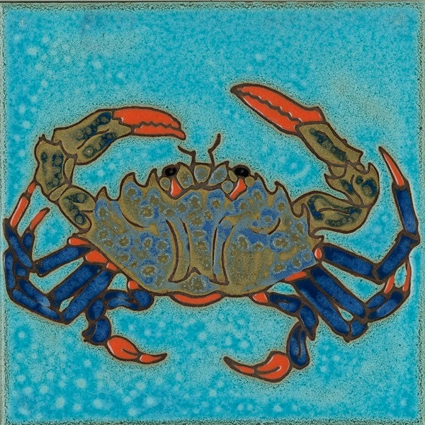 Ceramic Tile Blue Crab sea life ocean kitchen backsplash bathroom mural mosaic installation wall decor hot plate trivet hand painted USA