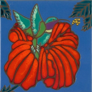 Ceramic tile, Hummingbird, Hibiscus flower, hot plate, wall decor, kitchen backsplash, installation, hand painted
