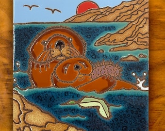 Sea Otter and Pup hand painted ceramic tile