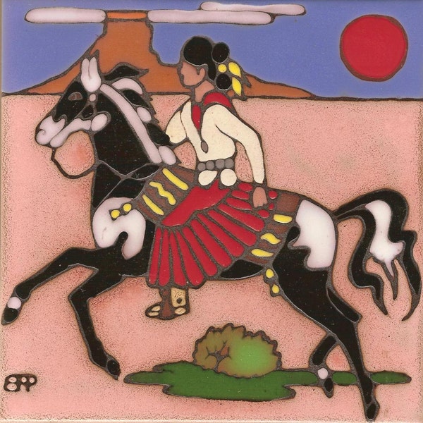 Ceramic tile Navajo Woman Native American Indian hand painted trivet wall decor hot plate installation backsplash mural mosaic southwest