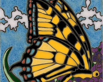 Swallowtail Butterfly tile, hot plate, wall decor, kitchen backsplash, hand crafted, mosaic, installation, bathroom tile,mural, art tile