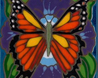Ceramic tile Monarch Butterfly, hot plate, wall decor, kitchen backsplash, installation, hand painted, custom mural