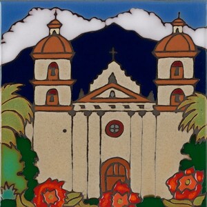 Ceramic tile Santa Barbara Mission wall decor trivet hotplate kitchen backsplash installation bathroom mural hand painted in USA mosaic art