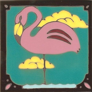 Art Deco Pink Flamingo Hand Painted Ceramic Tile