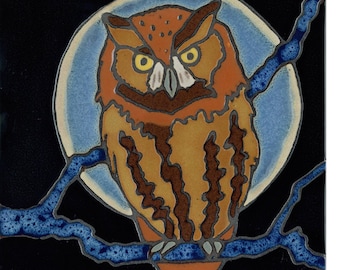 Handpainted tile Owl made in usa original art ceramic tile