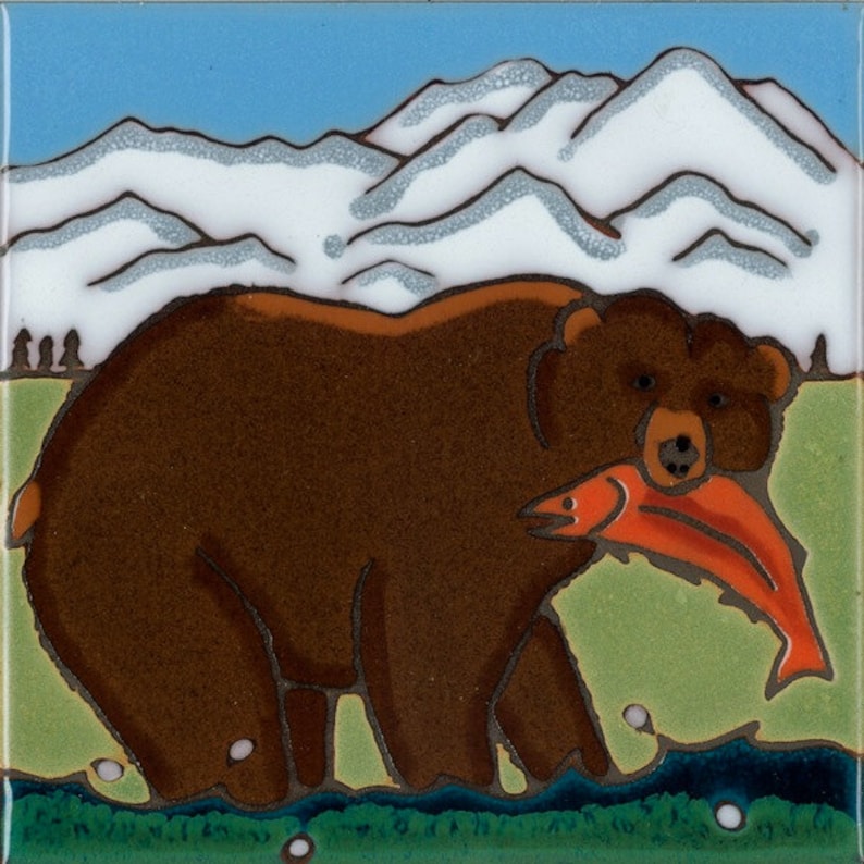 Hand Painted Ceramic Tile Grizzly Bear American Made Original Image 0