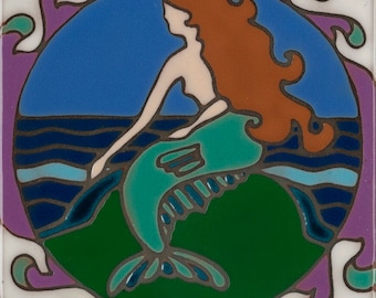 Mermaid hand painted ceramic tile | Ocean wall art
