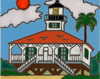 Ceramic tile,Lighthouse Boca Grande, Florida, hot plate,trivet, mosaic bathroom mural, kitchen back splash, hand painted in USA