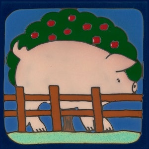 May include: A pink pig stands behind a brown wooden fence with a green tree full of red apples in the background. The pig is looking to the right.