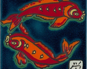 Keramik Handbemalte Fliese Koi Fisch Original Kunst von Pacific Blue Tile