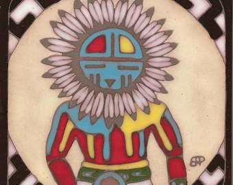 Ceramic Tile Hopi Indian Sun Kachina wall decor hot plate kitchen back splash bathroom mural installation hand painted made in USA art