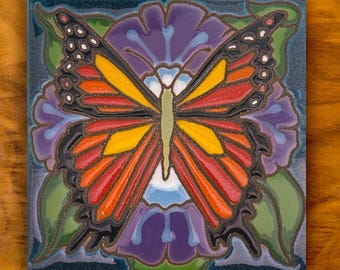 Colorful Monarch Butterfly hand painted ceramic tile wall art