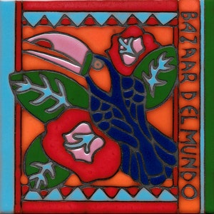 Toucan Ceramic tile hot plate, wall decor, backsplash, hand glazed, installation
