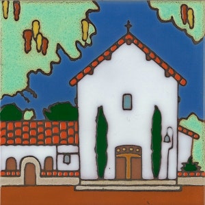 Ceramic tile, Mission San Miguel, hot plate, wall decor, installation, backsplash, kitchen tile, hand painted, hand crafted, art tile
