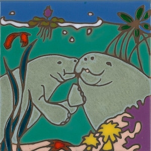 Ceramic tile, Manatees wall decor hot plate coaster kitchen back splash bathroom mural, original art,       made in the USA