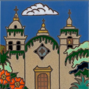 Ceramic tile Carmel Mission wall decor trivet hot plate kitchen back splash bathroom mural installation hand painted in USA mosaic original