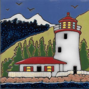Ceramic tile Sitka Lighthouse Alaska hot plate trivet wall decor kitchen back splash bathroom mural installation hand painted in USA mosaic