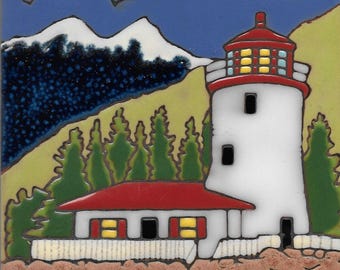 Ceramic tile Sitka Lighthouse Alaska hot plate trivet wall decor kitchen back splash bathroom mural installation hand painted in USA mosaic