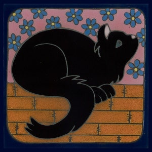 Black Cat, kitten, hete plaat, wand decor, keuken backsplash, badkamer muurschildering, hand geschilderd keramische mozaïek, hand vervaardigde origineel gemaakt in de VS