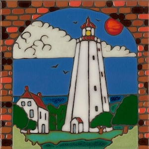 Lighthouse Sandy Hook hand painted ceramic tile