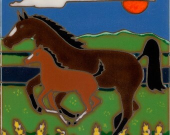 Ceramic tile, Horse and baby , hot plate, wall decor, installation, backsplash, kitchen tile, hand painted, hand crafted, art tile
