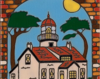 Point Pinos Lighthouse ceramic tile Hand Painted Original