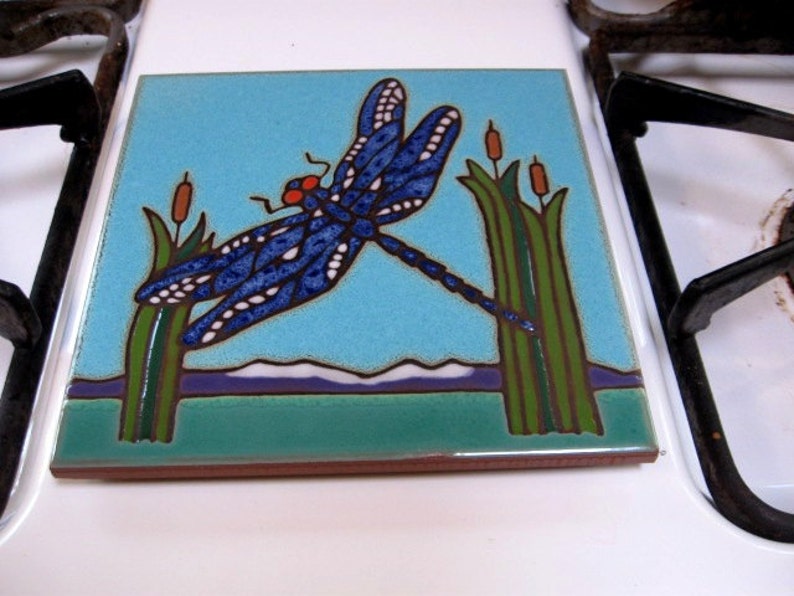 Ceramic Tile Dragonfly Hot Platewalldecor Kitchen Etsy