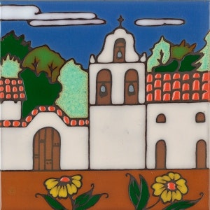 Ceramic tile, La Purisima Mission, hot plate, wall decor, installation, backsplash, kitchen tile, hand painted, hand crafted, Mission
