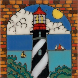 Ceramic tile St Augustine Lighthouse hot plate trivet wall decor kitchen back splash bathroom mural installation hand painted in USA mosaic