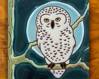 Snowy Owl hand painted ceramic tile | forest wall decor
