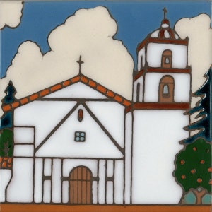 Ceramic tile, Ventura Mission, hot plate, wall decor, installation, backsplash, kitchen tile, hand painted, hand crafted, art tile