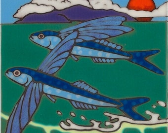 Hand Painted Ceramic Tile Flying Fish Original Art