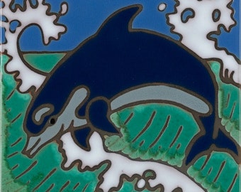 Dolphin hand painted ceramic tile | Coastal & ocean wall decor