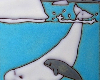 Ceramic Tile Whale Beluga Hand Painted Original