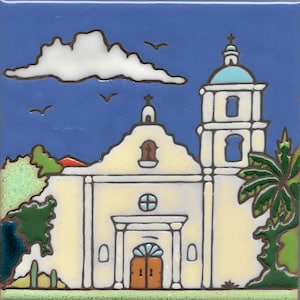 Ceramic tile, Mission San Luis Rey , hot plate, wall decor, installation, backsplash, kitchen tile, hand painted, hand crafted, art tile