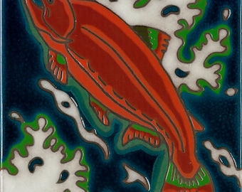 Salmon hand painted ceramic tile | Ocean wall decor