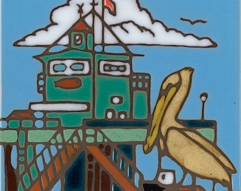 Pelican and Pier at Catalina Island ceramic tile painting