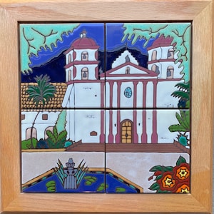 Ceramic tile Santa Barbara Mission wall decor trivet hot plate kitchen back splash mural installation hand painted in USA mosaic original