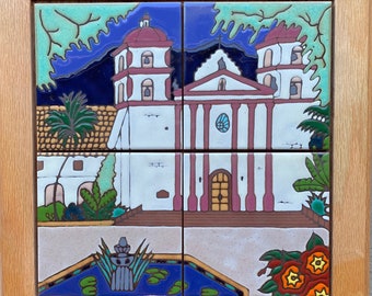 Ceramic tile Santa Barbara Mission wall decor trivet hot plate kitchen back splash mural installation hand painted in USA mosaic original