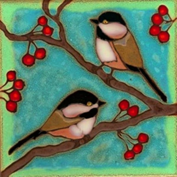 Chickadees, bird, Audubon, wall decor, hot plate, kitchen backsplash, bathroom mural, mosaic, hand crafted original made in USA