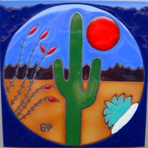 ceramic tile Sahuaro cactus wall decor hot plate kitchen back splash installation bathroom mural hand painted made in USA original art