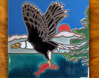 Bald Eagle with fish Hand painted  Ceramic Tile